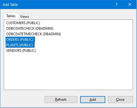 Selecting tables in the Add Table window