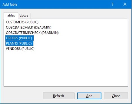 Selecting tables in the Add Table window