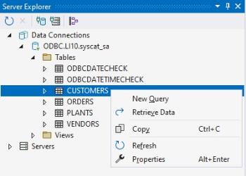 Selecting Retrieve Data from the context menu for the CUSTOMERS table