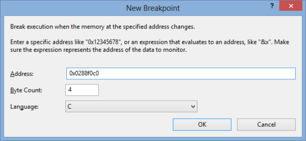 Set a breakpoint using the hexadecimal address for the variable