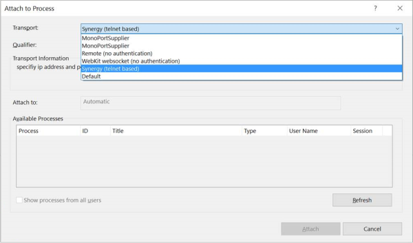 Selecting the Synergy (telnet based) option in the Attach to Process dialog