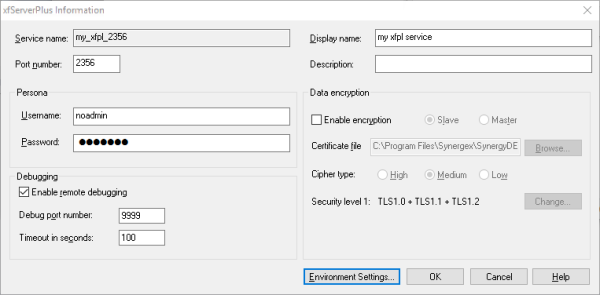 Setting remote debugging options in the xfServerPlusinformation window
